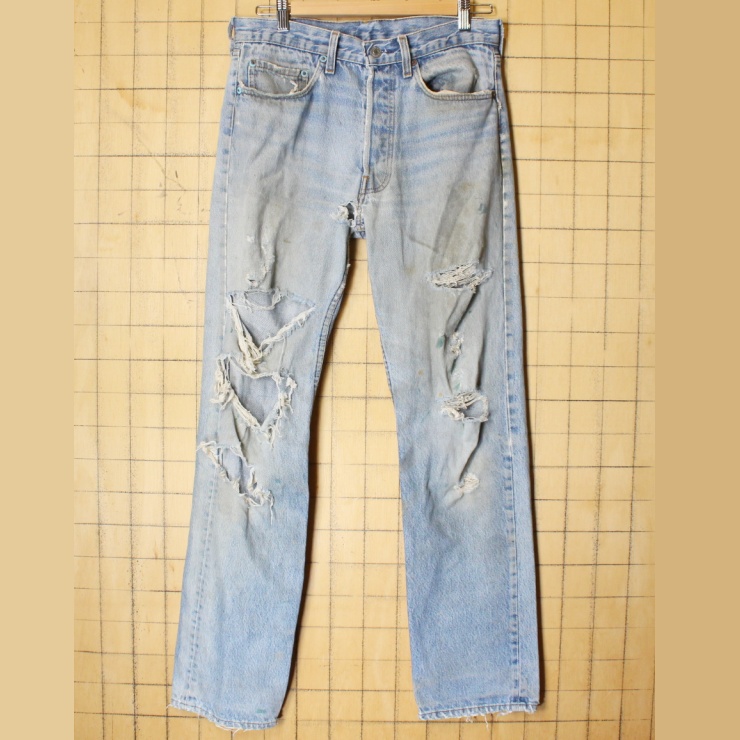 80s USA製 Levis 501 リーバイス ブルー ジーンズ デニム ダメージ パンツ W32 アメリカ古着