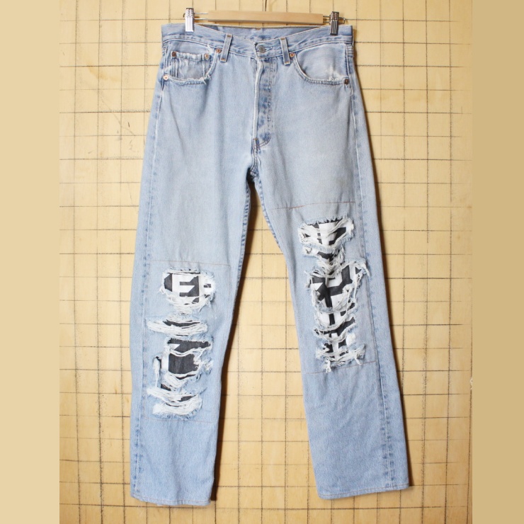 90s USA製 Levis 501 リーバイス リメイク ブルー ジーンズ デニム ダメージ パンツ W32 アメリカ古着