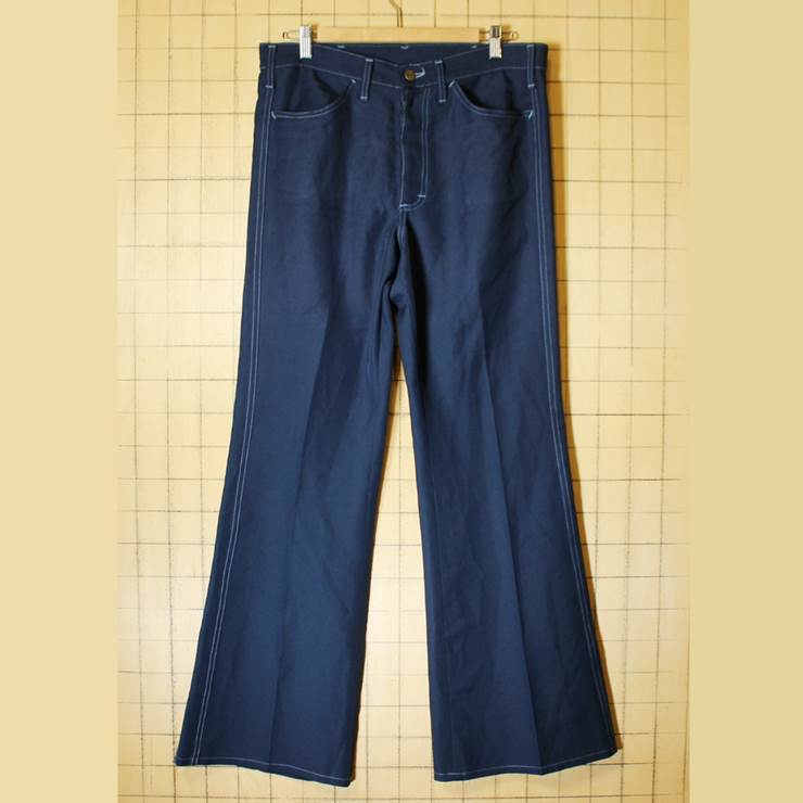 70s Lee リー フレア ポリエステル パンツ USA製 古着 ネイビー W34相当 TALON ユニオンチケット