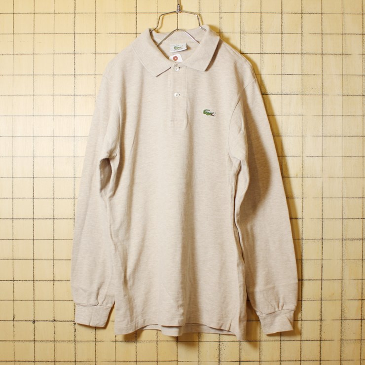 古着 80s フレンチラコステ Lacoste 長袖 杢ベージュ ポロシャツ メンズS シェルボタン