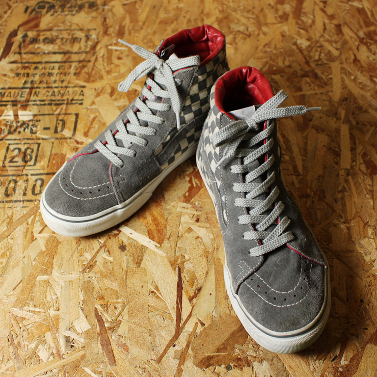 Vans Sk8 Hi Chex - Grey/古着 グレー×レッド チェッカーフラッグ柄 キャンバス×スウェードレザースニーカー/US9/27cm/日本未発売/海外モデル