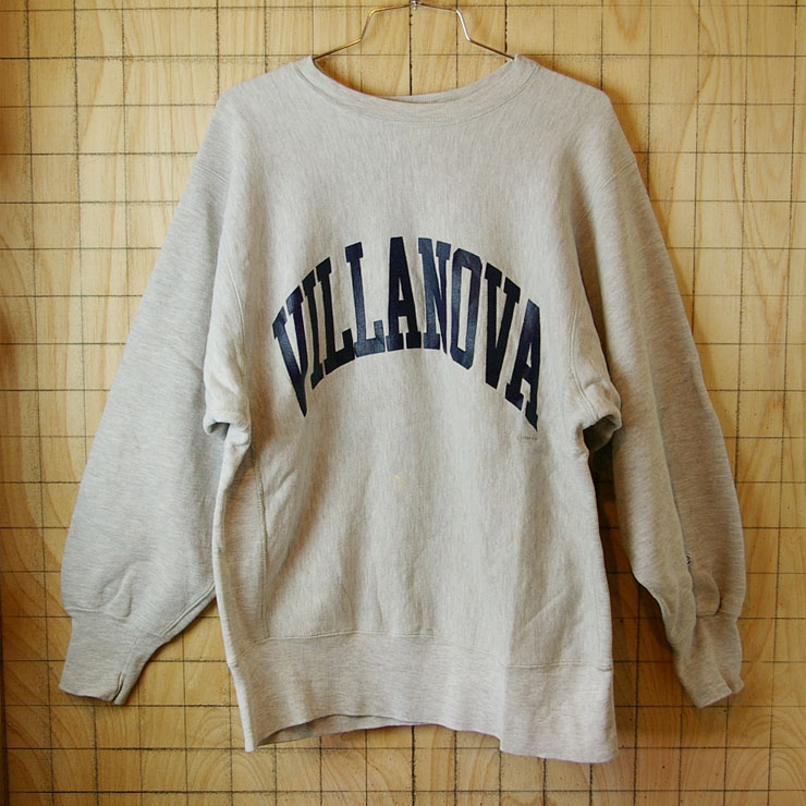 【Champion】USA製リバースウィーブ古着80s後期刺繍タグ霜降り杢グレー(灰)VILLANOVAカレッジスウェット|サイズL