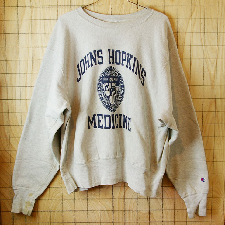 【Champion】USA製リバースウィーブ古着80s後期霜降り杢グレー(灰)JOHNS-HOPKINS-MEDICINEカレッジスウェット|サイズL