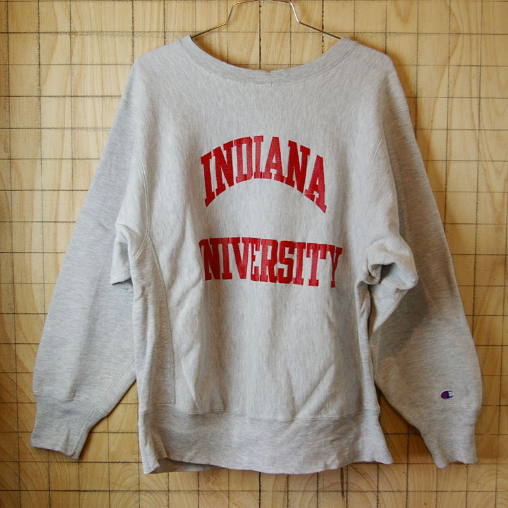 【Champion】USA製リバースウィーブ古着80s後期トリコタグ霜降り杢グレー(灰)INDIANA-UNIVERSITYカレッジスウェット|サイズM