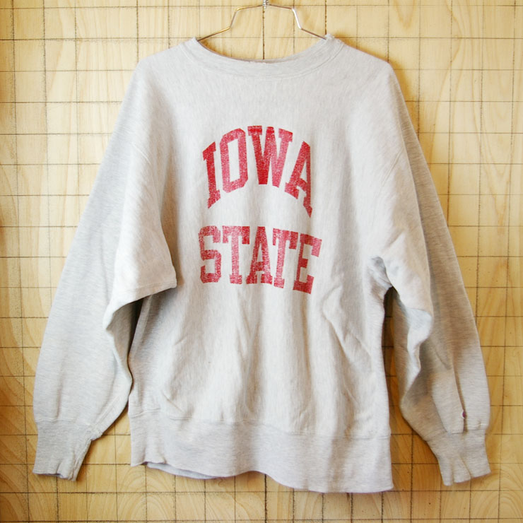 【Champion】USA製リバースウィーブ古着80s後期トリコタグ霜降り杢グレー(灰)IOWA-STATEカレッジスウェット