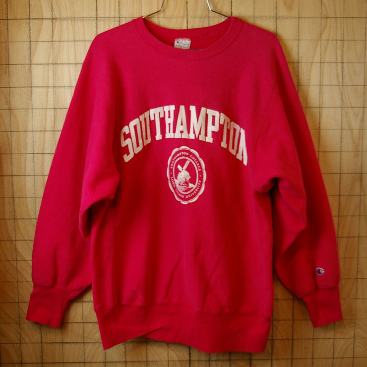 【Champion】USA製リバースウィーブ古着90s刺繍タグピンクプリントSOUTHAMPTONカレッジスウェット|サイズL