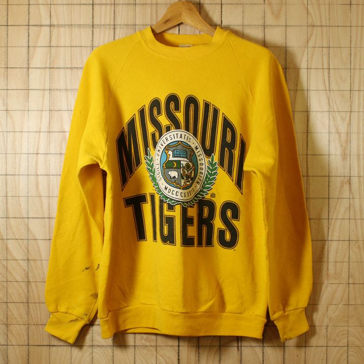 JERZEES/USA製古着イエローMISSOURI TIGERSラグランカレッジスウェット/メンズXL