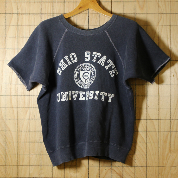 USA製ビンテージ50s古着ネイビーOHIO STATE UNIVERSITYカレッジプリント半袖スウェット/メンズMサイズ相当