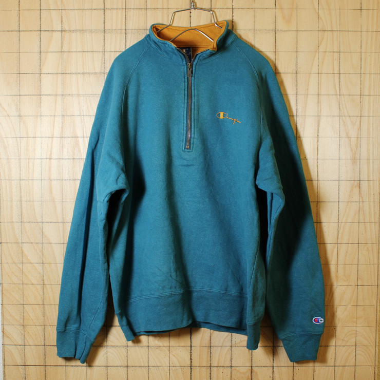 champion/90's古着/グリーン/ハーフジップ/ワンポイント刺繍スウェット/メンズXL/sw-179