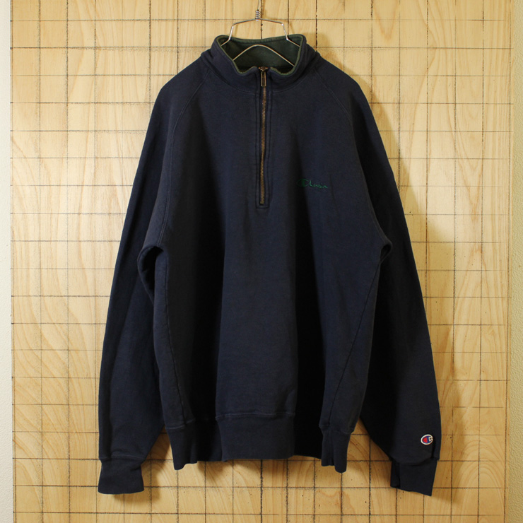 champion/90's古着/ネイビー/ハーフジップ/ワンポイント刺繍スウェット/メンズXL/sw-180