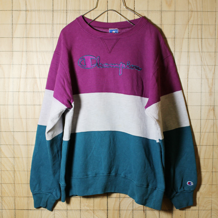 champion/USA製90's古着/パープル×ライトグレー×グリーン/ロゴ刺繍スウェット/メンズL/sw-181