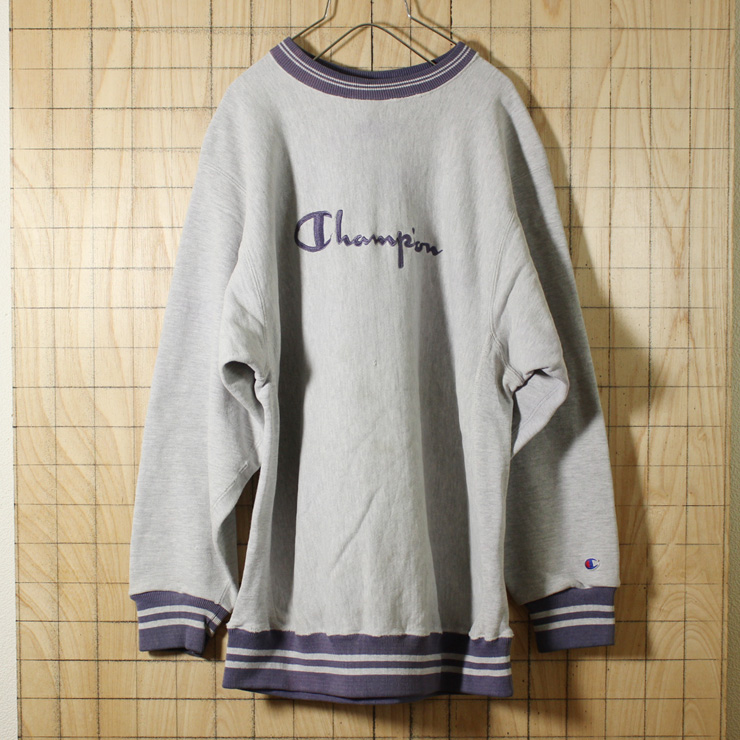 champion刺繍タグ/USA製90sビンテージ古着/杢グレー/リバースウィーブ/デカロゴスウェット/メンズXL/sw-199