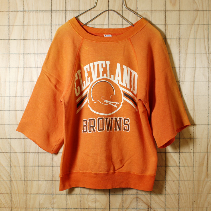 championトリコタグ/USA製80's古着/オレンジ/カットオフ/CLEVELAND BROWNSプリントスウェット/メンズS/sw-207