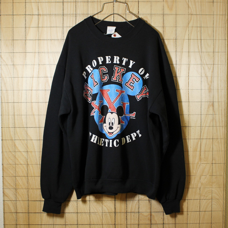 Velva sheen/USA製古着/ブラック/MICKEY/ディズニープリントスウェット/メンズL