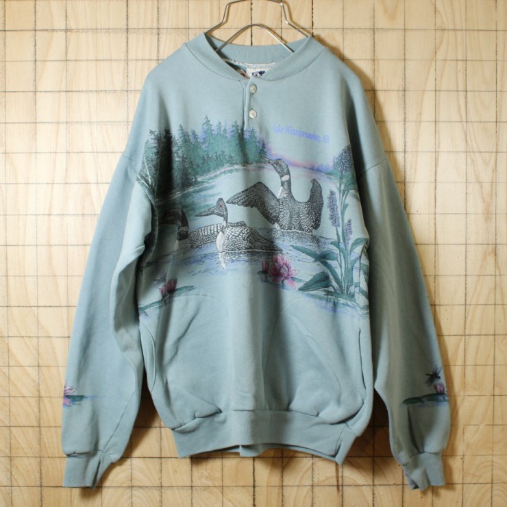 ART UNLIMITED SPORTSWEAR/USA製90s古着/ライトブルー/カモ両面プリントヘンリーネックスウェット/メンズM/214