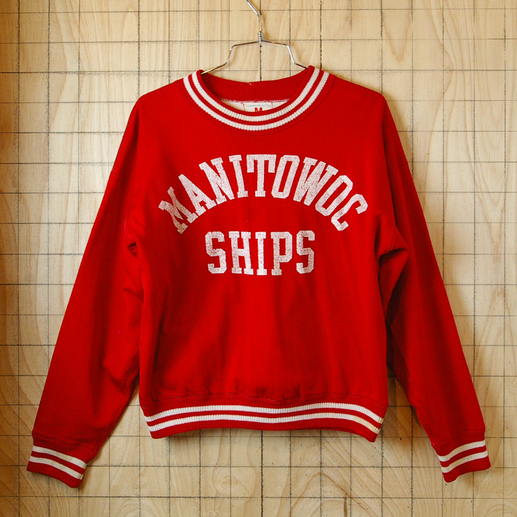 【Champion】USA製古着60sビンテージMANITOWOC-SHIPSタタキタグレッド(赤)ナイロンスウェット【チャンピオン】