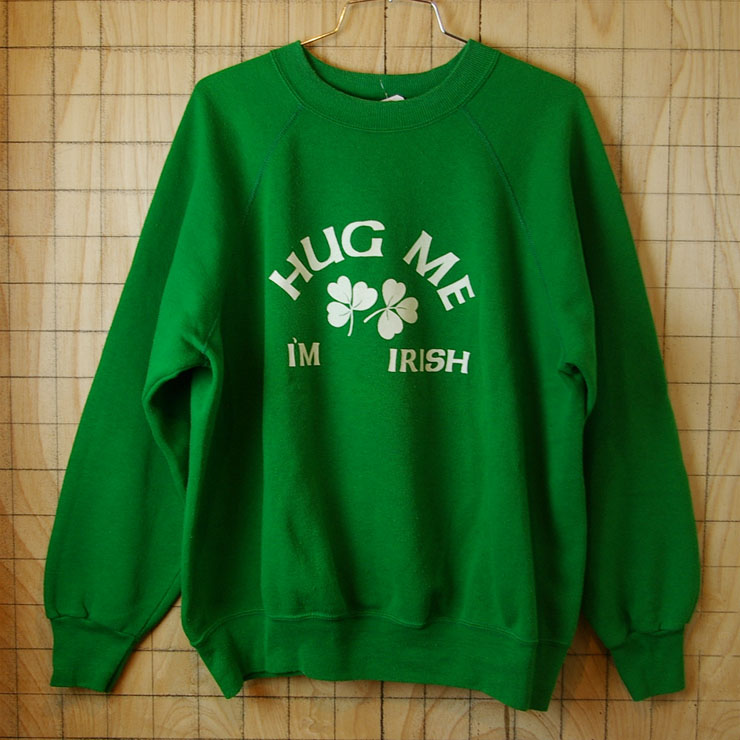 【BASSETT-WALKER】USA製古着グリーンHUG ME I'M IRISHラグランスウェット|メンズXL