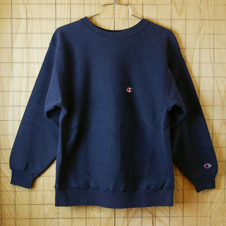 【Champion】USA製リバースウィーブ古着80s後期刺繍タグワンポイントネイビー(紺)スウェット|キッズL