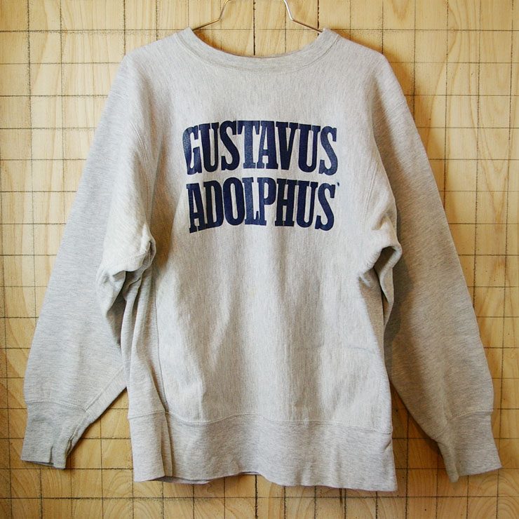 【Champion】USA製リバースウィーブ古着80s後期トリコタグ霜降り杢グレー(灰)GUSTAVUS-ADOLPHUSカレッジスウェット|サイズL