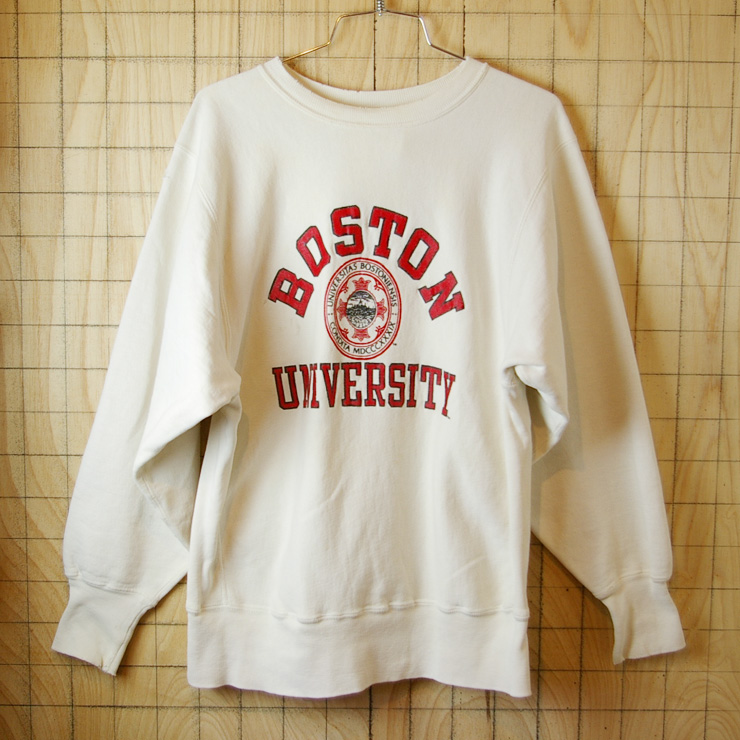 【Champion】usa製リバースウィーブ古着80s後期刺繍タグBOSTON-UNIVERSITYホワイト(白)スウェット|メンズL