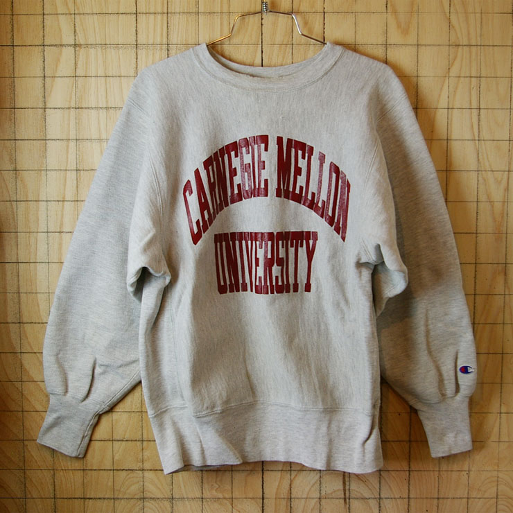 【Champion】USA製リバースウィーブ古着80s後期刺繍タグ霜降り杢グレー(灰)CARNEGIE-MELLON-UNIVERSITYカレッジスウェット|サイズM