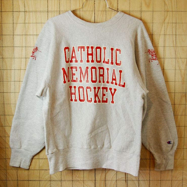 【Champion】USA製リバースウィーブ古着80s後期刺繍タグ霜降り杢グレー(灰)両面プリントCATHOLIC-MEMORIAL-HOCKEYカレッジスウェット|サイズL