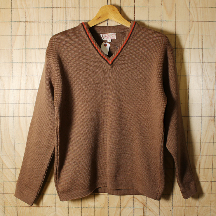 LASLEY KNITTING/USA50s-60ビンテージ古着ブラウンVネックウールセーター/メンズM