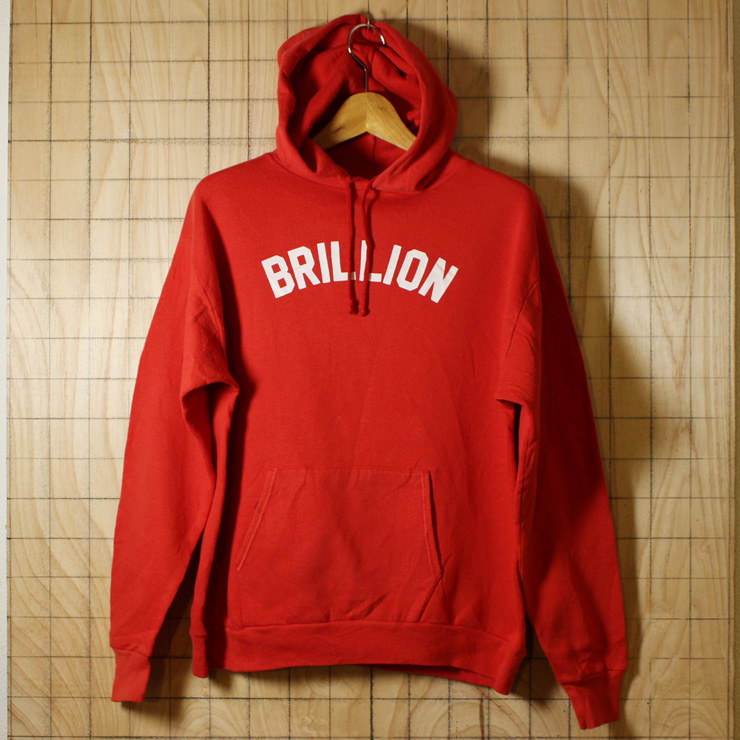 JERZEES/80sUSA製古着レッドBRILLIONプリントスウェットパーカー/メンズLサイズ