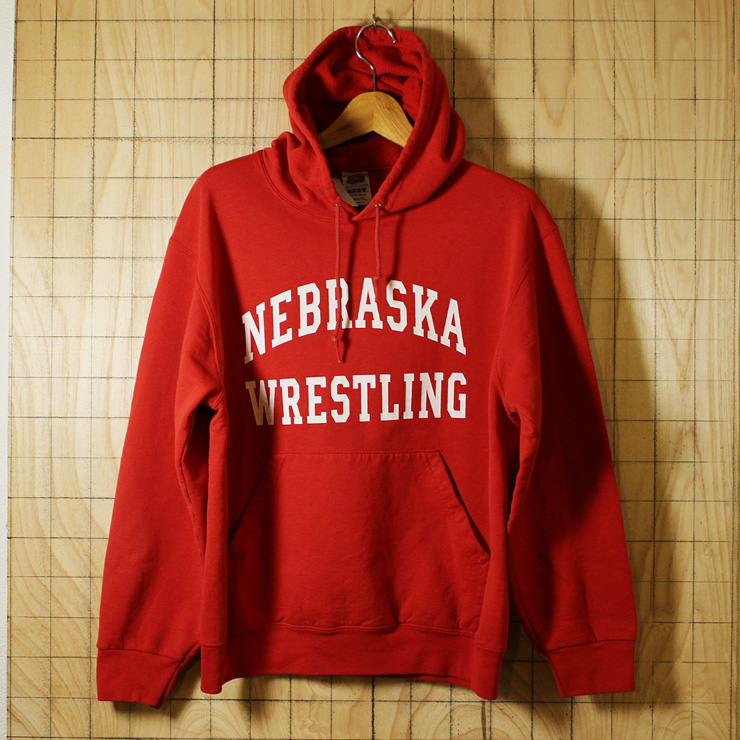 FRUIT OF THE LOOM/古着レッドNEBRASKA WRESTLINGカレッジスウェットパーカー/メンズM