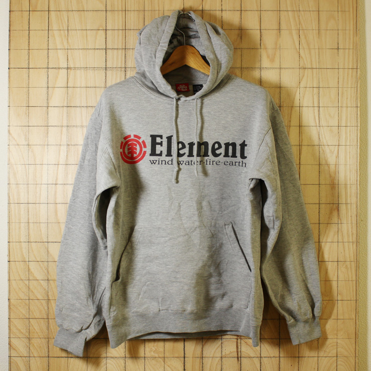 Element/古着杢グレーElementプリントスウェットパーカー/メンズS