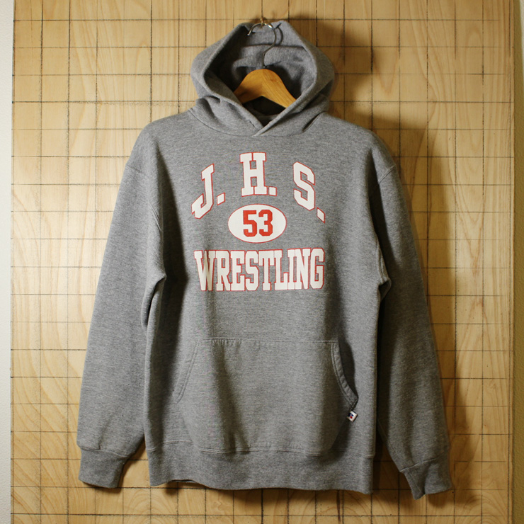 RUSSELL ATHLETIC/80sUSA製古着杢グレーJ.H.S WRESTLING 3段プリントスウェットパーカー/メンズL