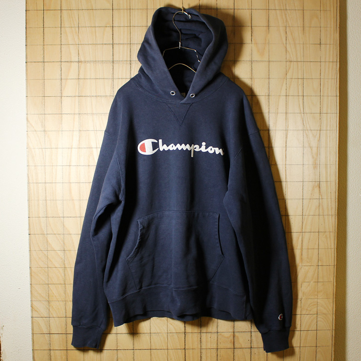 champion/USA製90sビンテージ古着/ネイビーチャンピオンロゴプリントスウェットパーカー/メンズLサイズ