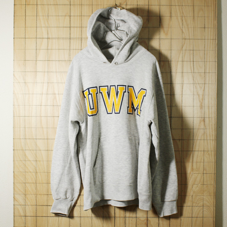 champion/USA製90s古着/霜降り杢グレー/UWMプリントスウェットパーカー/メンズL/swp-129