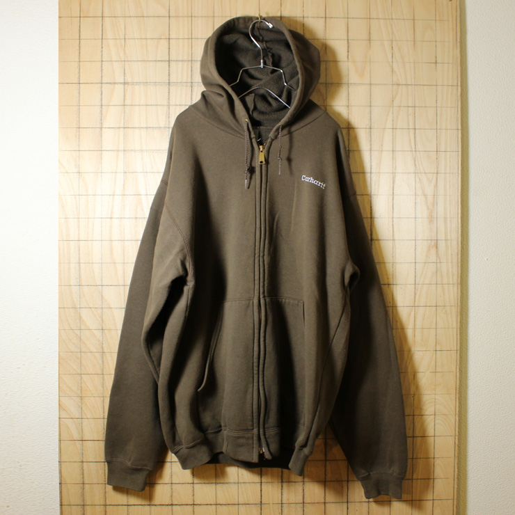 Carhartt/古着/ブラウン/無地/ジップアップワンポイントロゴ刺繍スウェットパーカー/メンズL相当/swp-133