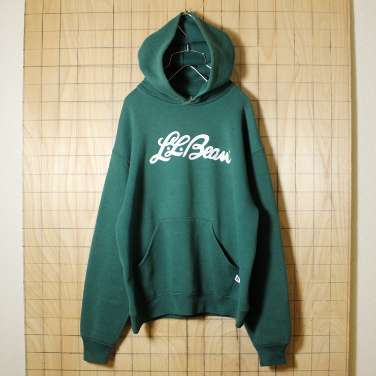 RUSSELL ATHLETIC/USA製90s古着/グリーン/LLBeanプリントスウェットパーカー/メンズSM相当