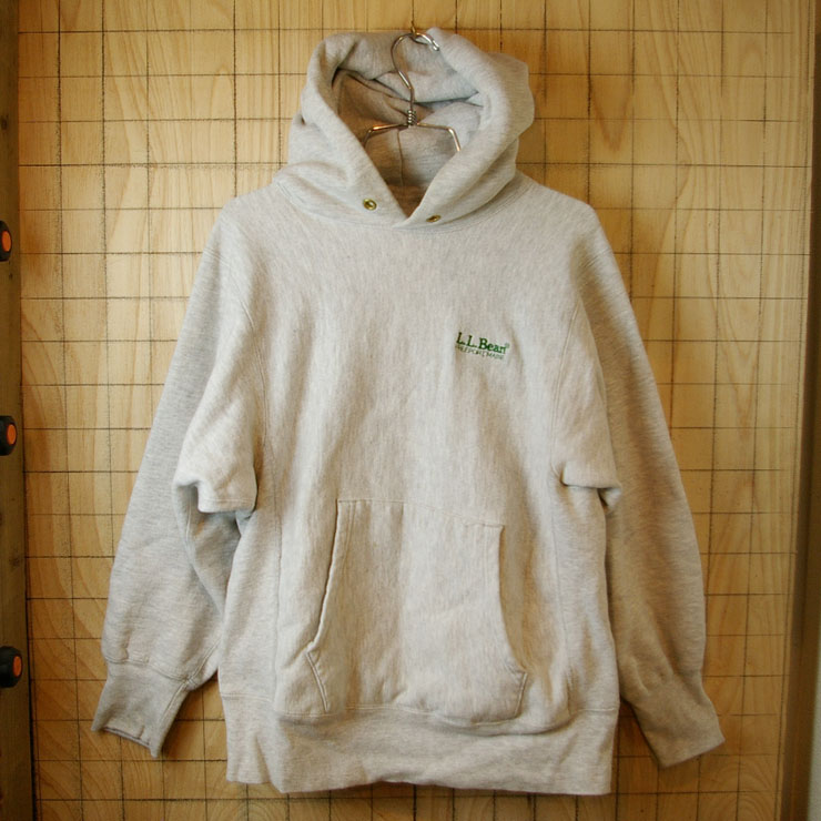 【Champion】USA製リバースウィーブ古着80s後期トリコタグ霜降り杢グレー(灰)LLBeanステッチスウェットパーカー|サイズSMALL