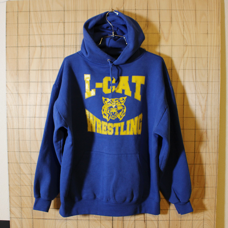 【JERZEES】古着ブルーL-CAT WRESTLING両面プリントスウェットパーカー|メンズL