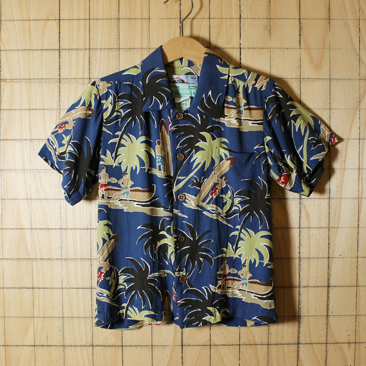 reyn spooner/レインスプーナー/HAWAII古着ネイビーハワイアンシャツ・アロハシャツ/キッズサイズ100cm-110cm相当/kidsSize XXL