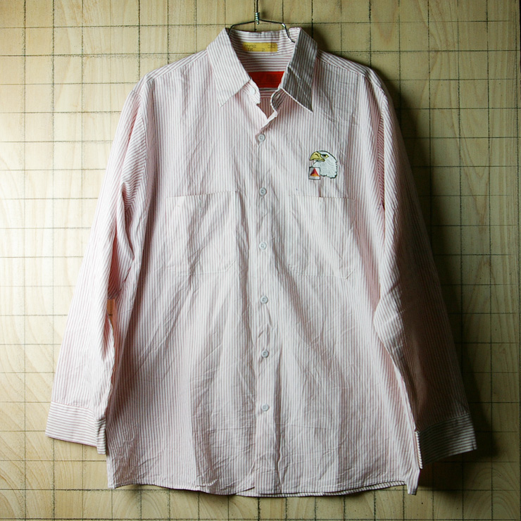 古着USA製メンズ長袖レッド・ホワイトストライプワークシャツ(白×赤)【UniFirst】