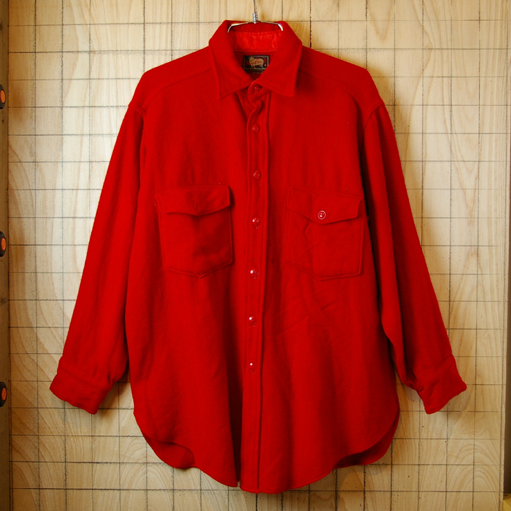 【Woolrich】USA古着長袖メンズレッド(赤)黒タグ50sビンテージウールシャツ【ウールリッチ】