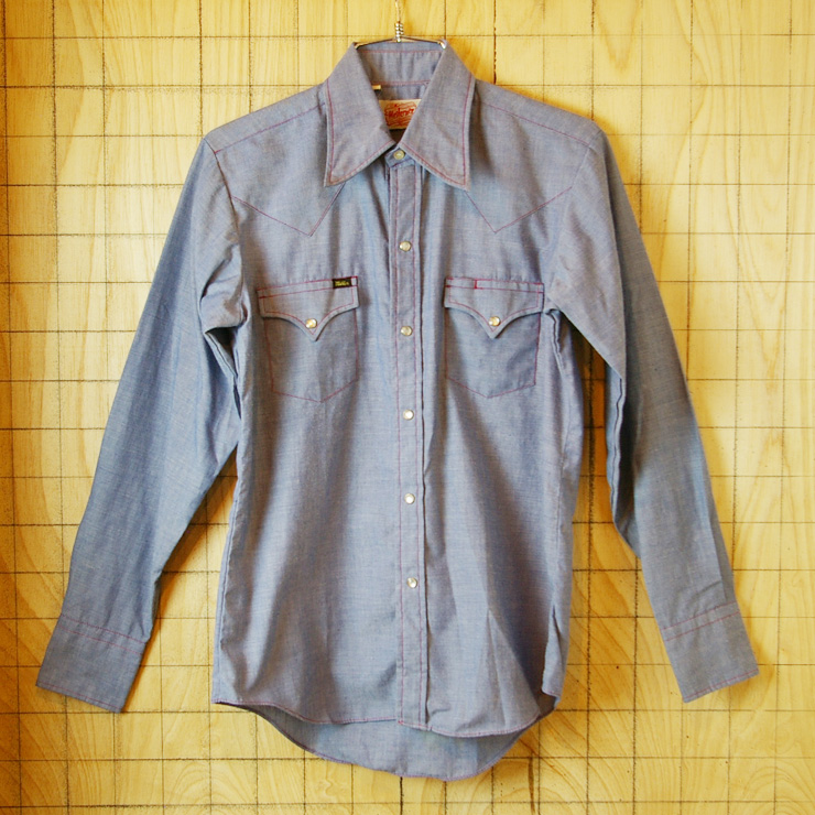 【Miller】古着刺繍ステッチCALIFORNIA-UNIVERSITY水色(ブルー)ウエスタンシャツ・シャンブレーシャツ:サイズS【ミラー】