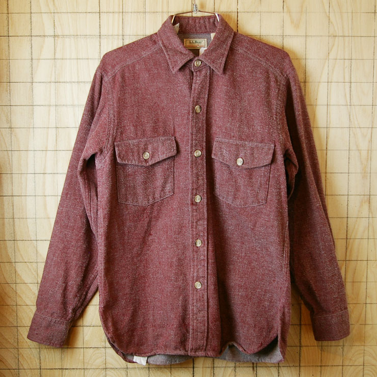 【LLBean】USA製古着霜降り杢レッド(赤)コットン100%シャツ|サイズS