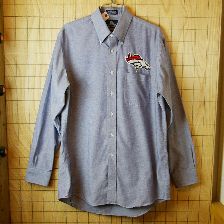 【STAFFORDスタッフォード】古着ブルー(青)馬刺繍シャンブレーボタンダウンシャツ|サイズML