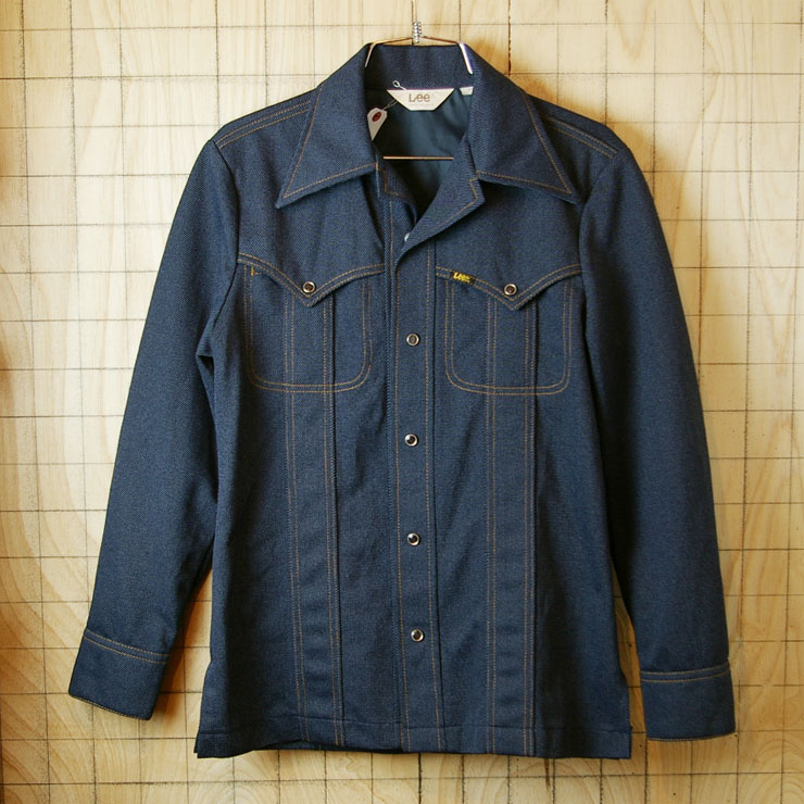 【Lee】70sアメリカ古着ブルー(青)ポリジャケット・ポリシャツ|サイズS