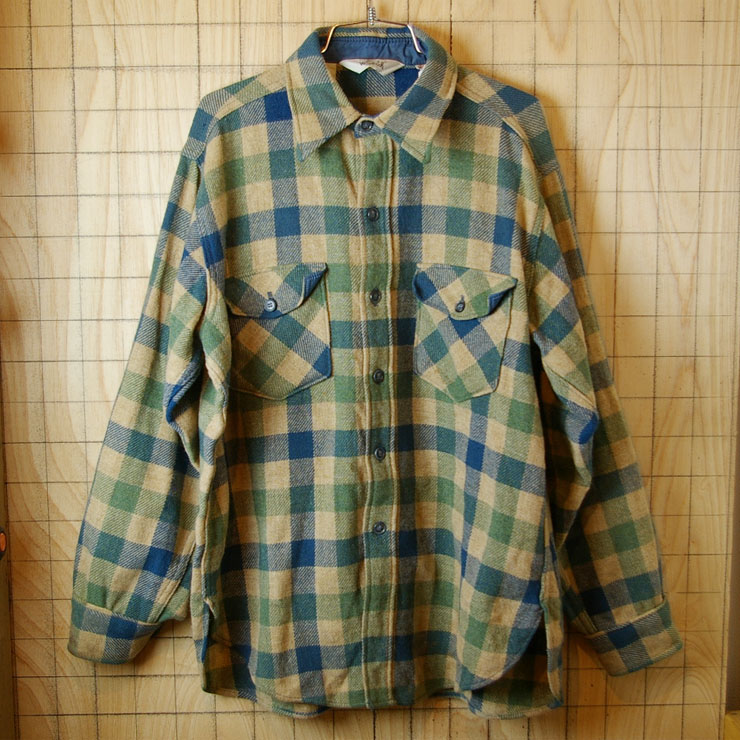 【Woolrich】USA製古着ブルー×グリーン×ベージュボックスチェックウールシャツ|サイズL