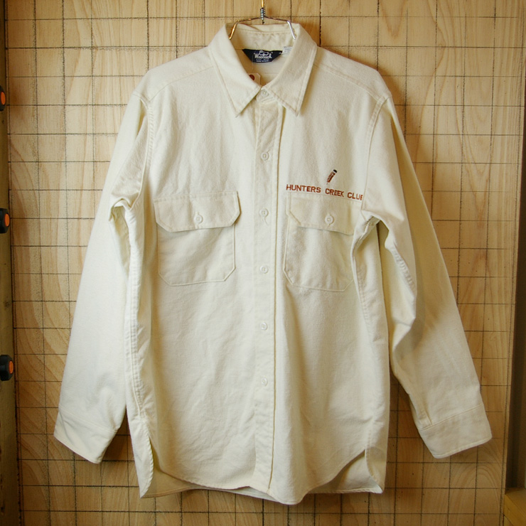 【Woolrich】USA製80sビンテージ古着ホワイトHUNTERS CREEK CLUBハンティングコットンシャツ|メンズLサイズ