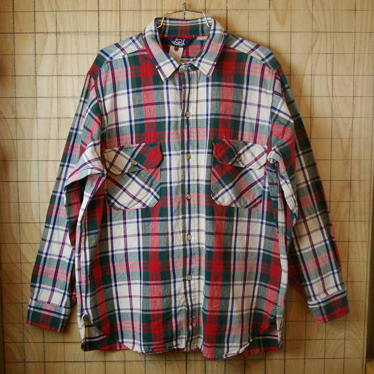 【Woolrich】USA製80sビンテージ古着ホワイト×レッド×グリーンチェック柄コットンシャツ|メンズXLサイズ