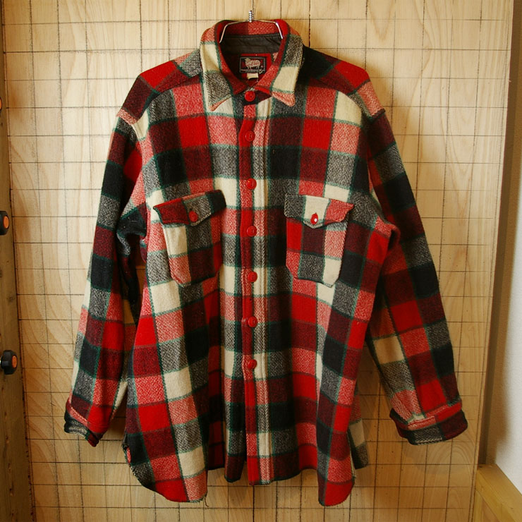 【Woolrich】USA製60sビンテージ古着レッド×グリーン×ブラック×ホワイトチェックマチ付きウールシャツ|サイズL相当