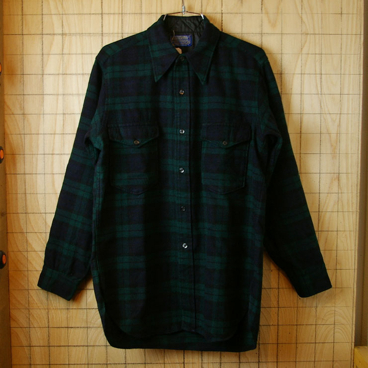 【PENDLETON】USA製古着グリーン×ブルーチェックウールシャツ|サイズM相当|sy-l-186