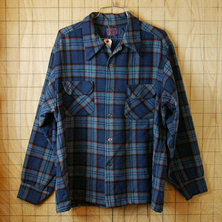 【PENDLETON】USA製70sビンテージ古着ブルー×オレンジチェックウールボックスシャツ|サイズXL|sy-l-188